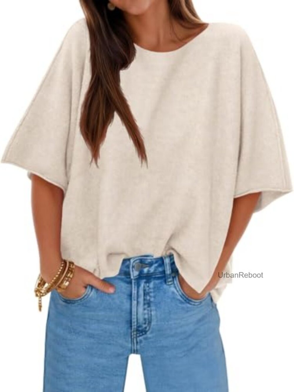Oversized Short Sleeve Knit Pullover Sweater Boat Neck Casual Fall Top
